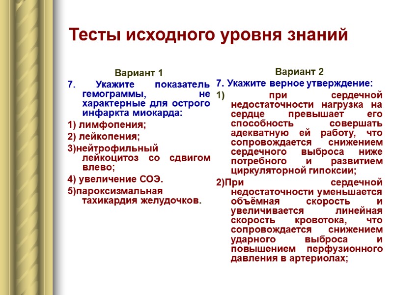 Тесты исходного уровня знаний Вариант 1 7. Укажите показатель гемограммы, не характерные для острого